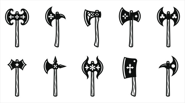 Professional asset sheet of medieval double head battle axe icons collection on a white background