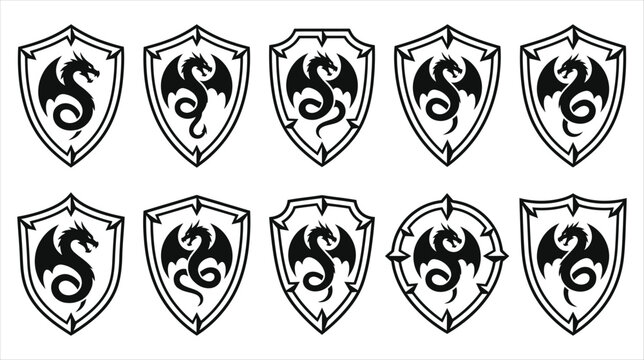 Professional asset sheet of fantasy dragon emblem shield icons collection on a white background