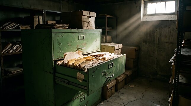 Old metal filing cabinet filled with paper documents standing in a dark dusty basement with sunlight from window