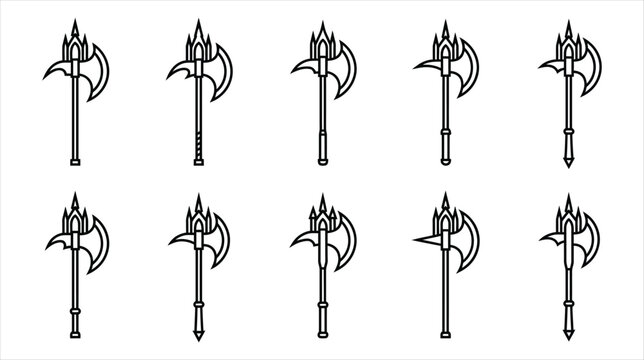Professional asset sheet of medieval bardiche and scythe weapon icons collection on a white background