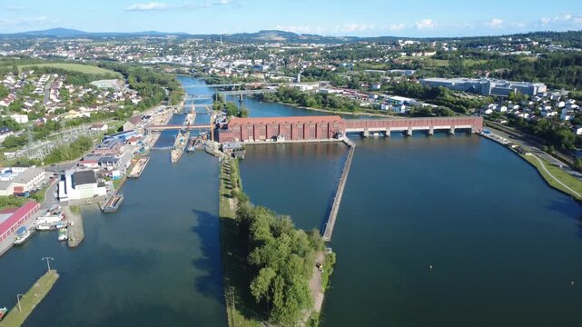 Aerial orbit of Kachlet hydropower plant with ship lock, Passau