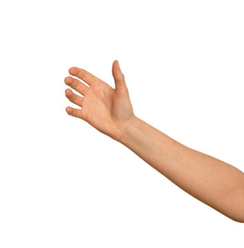 Female right hand holds an invisible phone overhead. Fingers wrap around the unseen mobile device