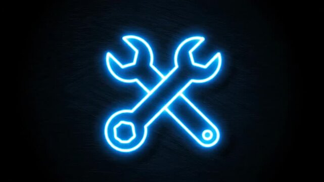 Glowing blue neon wrenches crossed against a dark textured background
