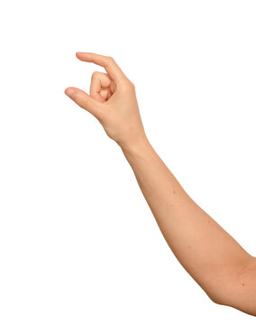 Female right hand pinches thumb and index finger apart. Digits hold something small and invisible