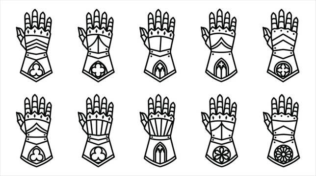 Professional asset sheet of knight plate armor gauntlet glove icons collection on a white background