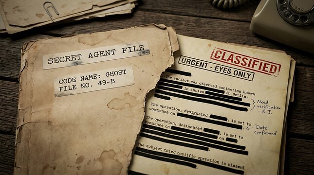 Old vintage secret agent file with classified documents and blacked out text on a dark wooden office desk surface
