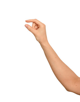 Female right hand stretches thumb and index apart. Fingers hold something tiny and invisible between