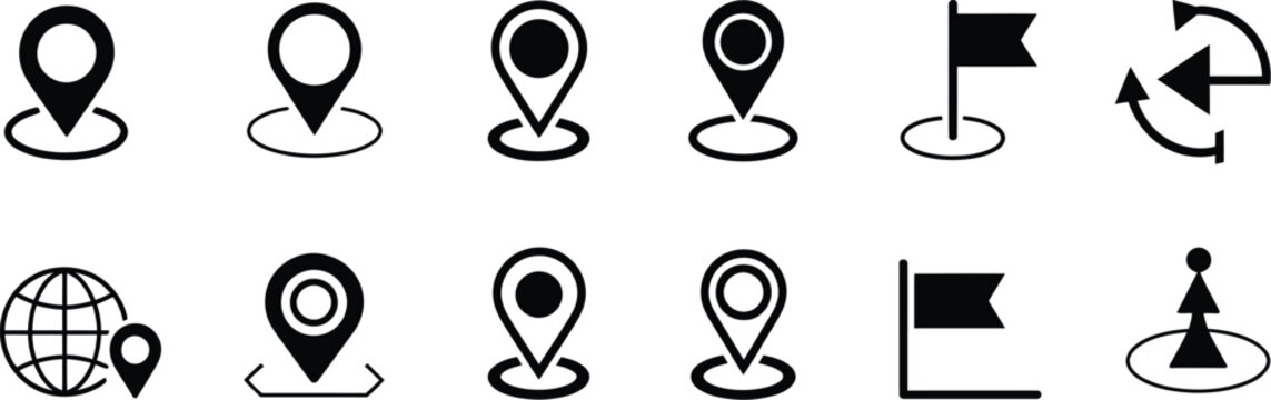 Map icons featuring location pin, navigation marker, destination, and geographic symbols for travel and digital interfaces