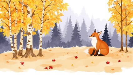 Fototapeta premium Smiling Fox in Autumn Watercolor