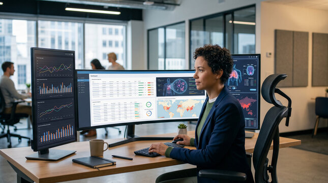 Businesswoman working with multiple monitors displaying financial data analytics.