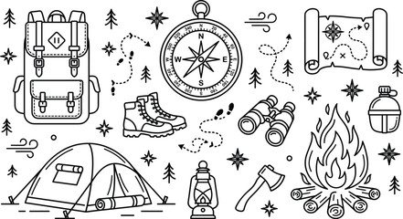 Camping adventure line art vector illustration set with backpack tent compass map bonfire boots binoculars and lantern icons © MdShakib