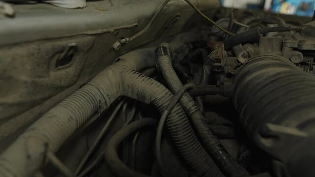 A complex network of dusty wiring harnesses inside car engine.