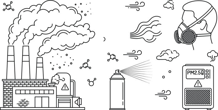 Air pollution line art vector illustration set with factory emissions respirator mask spray can and air quality monitor