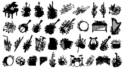 Elegant Botanical Music Instrument Collection with Floral Arrangements Vector Illustration Set © MdAmzad