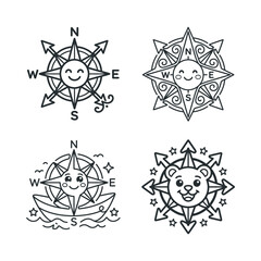 Fototapeta premium Cute cartoon compasses with smiling faces and starry elements, vector art