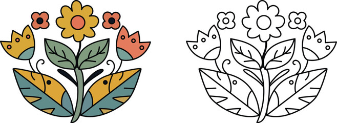 Flower illustration, colorful folk art style bouquet and line art outline drawing, scandinavian style floral decoration, vector graphic design element. © Jannat