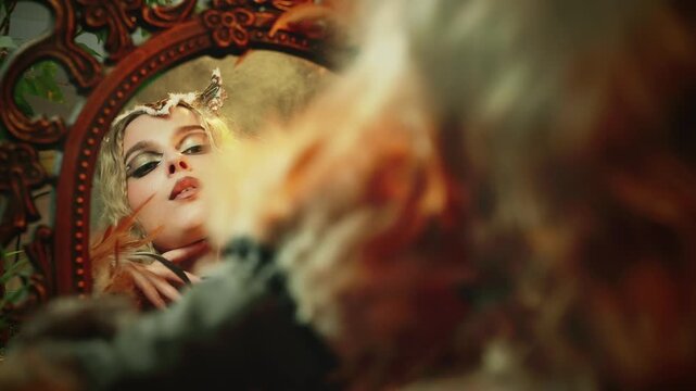 Fantasy character fashion model looking at reflection in magical mirror posing in dark night forest moon light. evil gothic fairy woman bird art costume. sexy face eyes lips fairy elf blonde hair girl