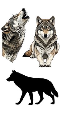 Detailed Wolf Illustrations and Black Silhouette Isolated on White Background