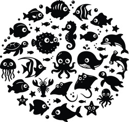 Obraz premium Friendly cartoon blue shark swimming and fin silhouette icons set