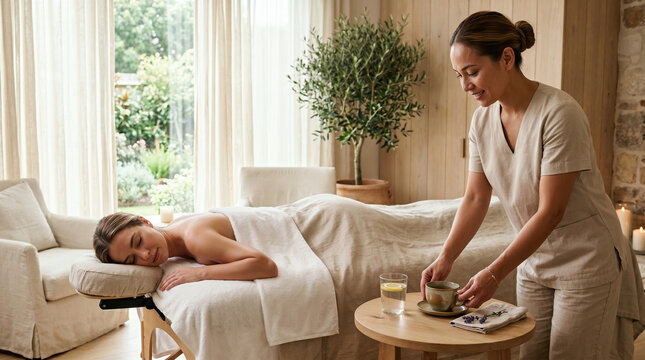 Woman enjoying a relaxing massage treatment at a serene home spa while a therapist prepares herbal tea in a bright natural wellness room