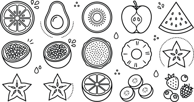 Tropical and fresh sliced fruits line art vector illustration set with orange kiwi watermelon apple and starfruit icons