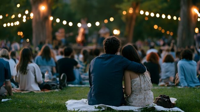 Couple sits together on grass at evening outdoor concert under string lights watching musicians perform