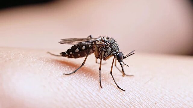 Close-up of a mosquito resting on human skin with natural light