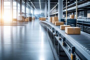 Fototapeta premium An automated conveyor belt system in a large, modern warehouse with bright natural light streaming through windows.