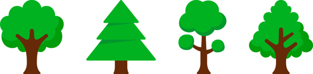 Fototapeta premium Green Tree Flat Icon Set with Oak Pine and Round Canopy Design 