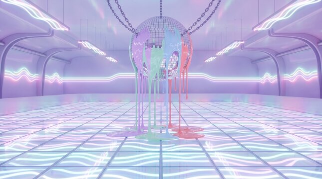 3D Retro 70s Roller Disco Rink with Melting Pastel Disco Ball Horizontal Background
