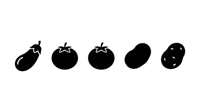 Vector illustration of set of vegetable icons including eggplant, tomato, and potato on a transparent background