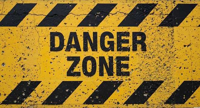 Weathered Yellow Danger Zone Warning Sign with Black Stripes on Grungy Surface