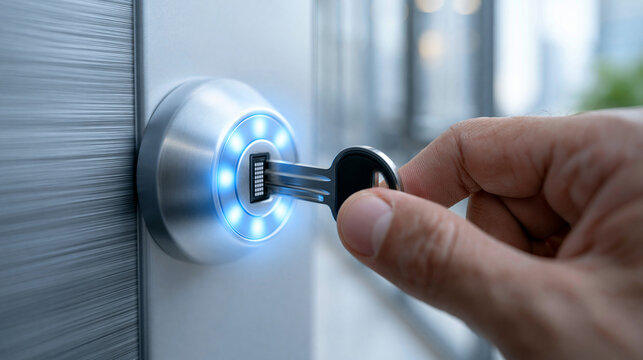 Hand turning electromechanical key with visible embedded electronic module in high-security door lock, soft blue confirmation glow at key bow, modern office door background, clean