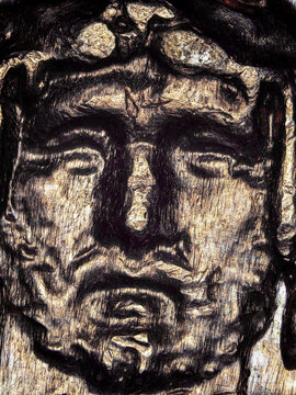 Engraved male portrait on a 1974 French 50 francs coin under microscope