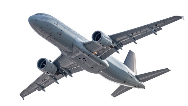Gray twin-engine jet airliner flying upwards, isolated on transparent background