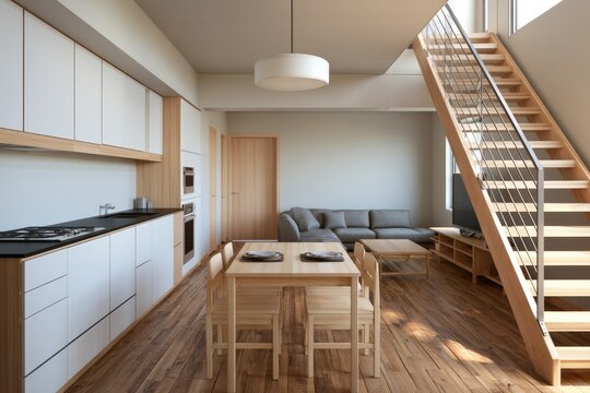 Modern Duplex Apartment Interior with Open Plan Living and Kitchen Area.