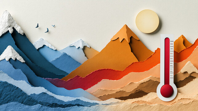 Layered papercraft artwork of stylized mountain landscape filling the lower half, built from overlapping cut paper layers shifting from deep icy blue and white snow caps on the lef