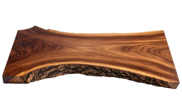 Natural live edge walnut wood slab with bark texture, isolated on transparent background