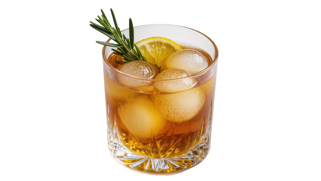 Amber cocktail with ice spheres lemon slice and rosemary sprig, isolated on transparent background