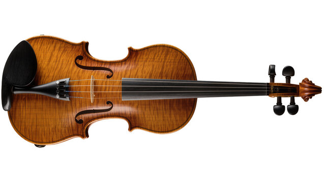 Ornate wooden violin with black chin rest and tuning pegs, isolated on transparent background