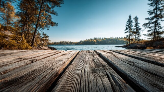 Old wooden dock leading to a calm lake with evergreen trees. Ideal for travel or serene nature concepts.