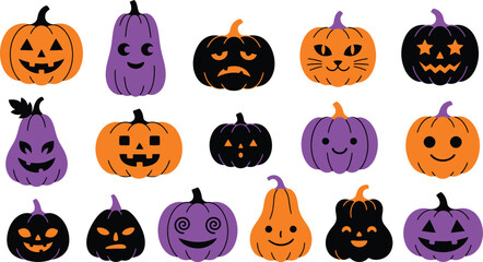 Naklejka premium Halloween pumpkins and gourds with various faces