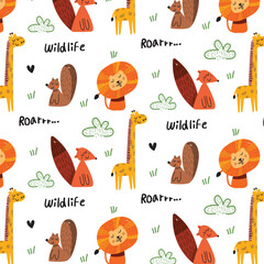 Fototapeta premium Tropical Animals Cute Funny Illustration Seamless Pattern Background