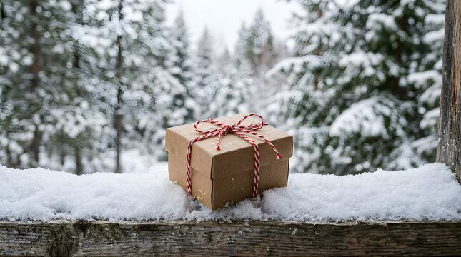 Christmas gift box sitting in the snow with a winter forest background