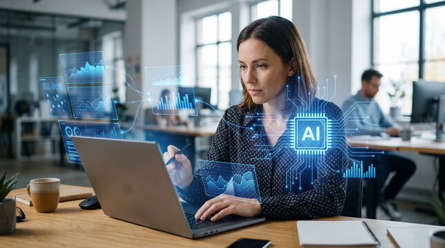 Woman using laptop in office with artificial intelligence processor chip hologram.
