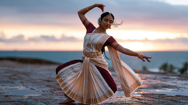 A stunning Kerala Bharatanatyam classical dancer, mid 20s, ethereal goddess like beauty, luminous dewy skin, expressive kohl lined eyes with graceful lowered gaze, serene half smil
