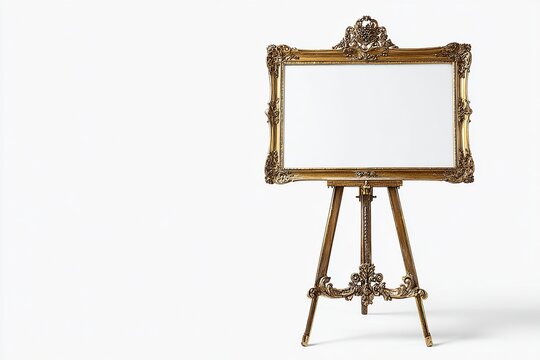 Ornate vintage gold picture frame on an easel with a blank white space for text or images isolated on a white background.