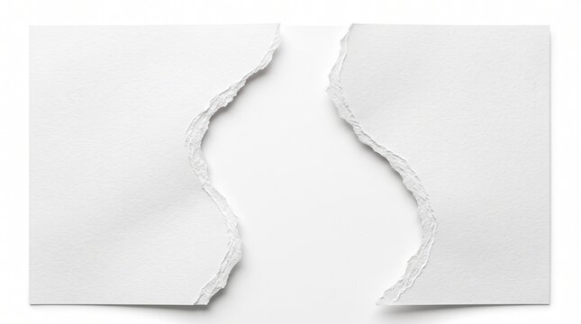 Two halves of torn white paper showing jagged edges and a gap concept isolated on white background