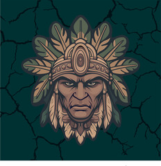Obraz premium Tribal mask warrior indian with stern face surrounded by stylized leaves and ornamental ethnic details on a dark stylized background