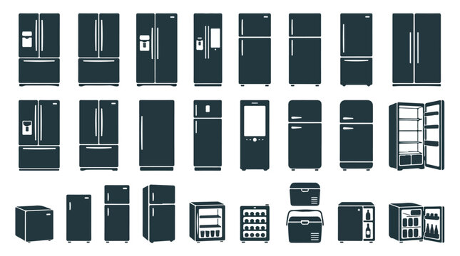 Modern refrigerator icon set, 25 flat vector fridge silhouettes, kitchen appliance collection with French door and mini fridge models for interior design